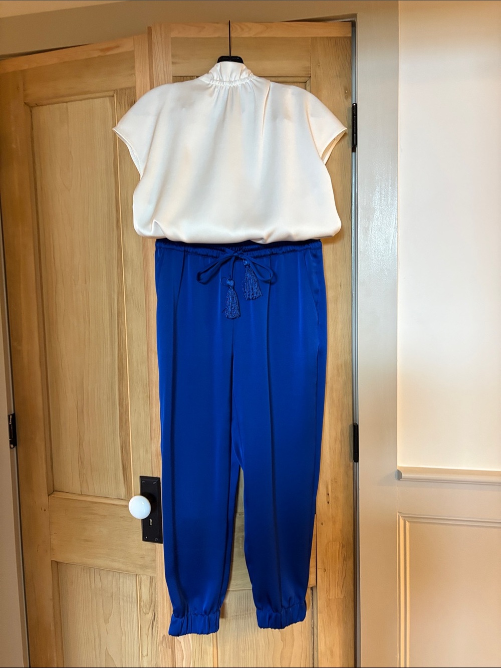 Badgley Mischka Royal Blue Drawstring Jogger Pants with Cream Top Styling